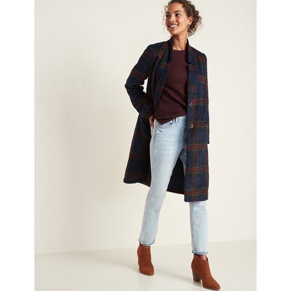 Old Navy Coat Women XS Petite Oversized Soft Brushed Plaid Long Line Preppy - Picture 1 of 13